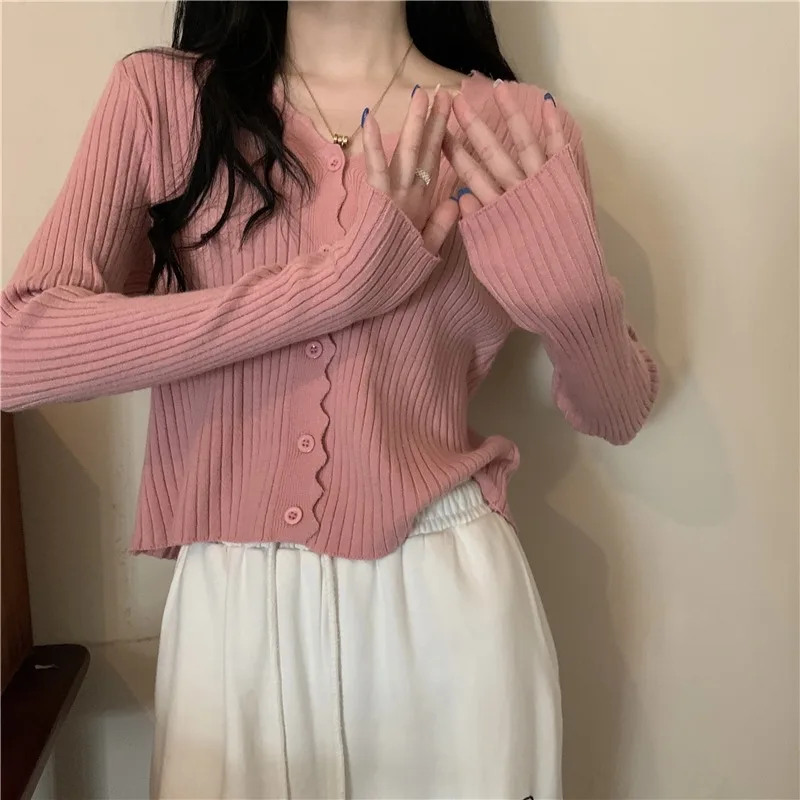 

Chikichi 2021 Korean Fashion Autumn New Style V-neck Sweater Long-sleeved Cardigan Single-breasted Jacket Pink Sweater Women