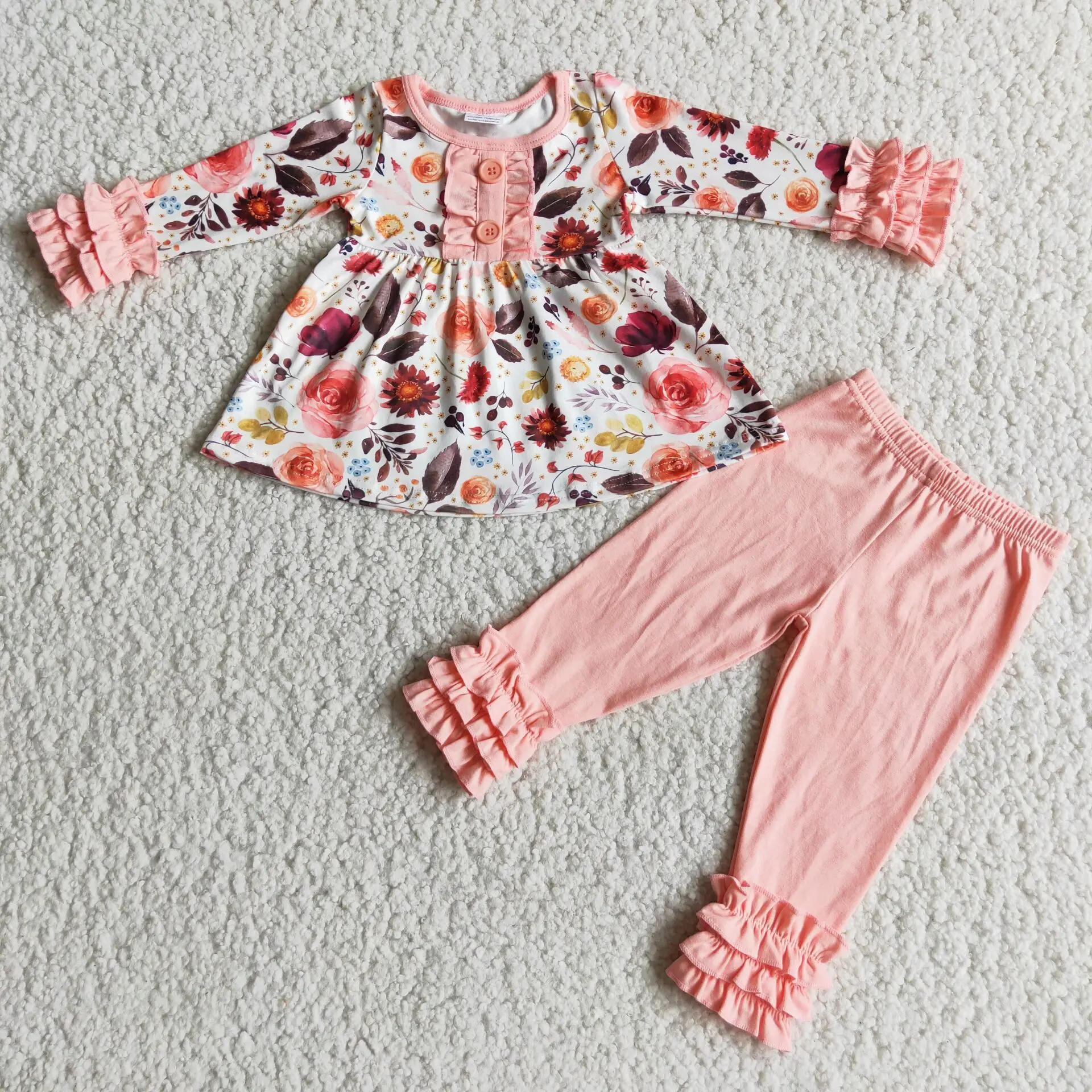

Осенне-зимняя одежда для девочек, розовый топ с кружевными манжетами и розовые брюки, детская одежда
