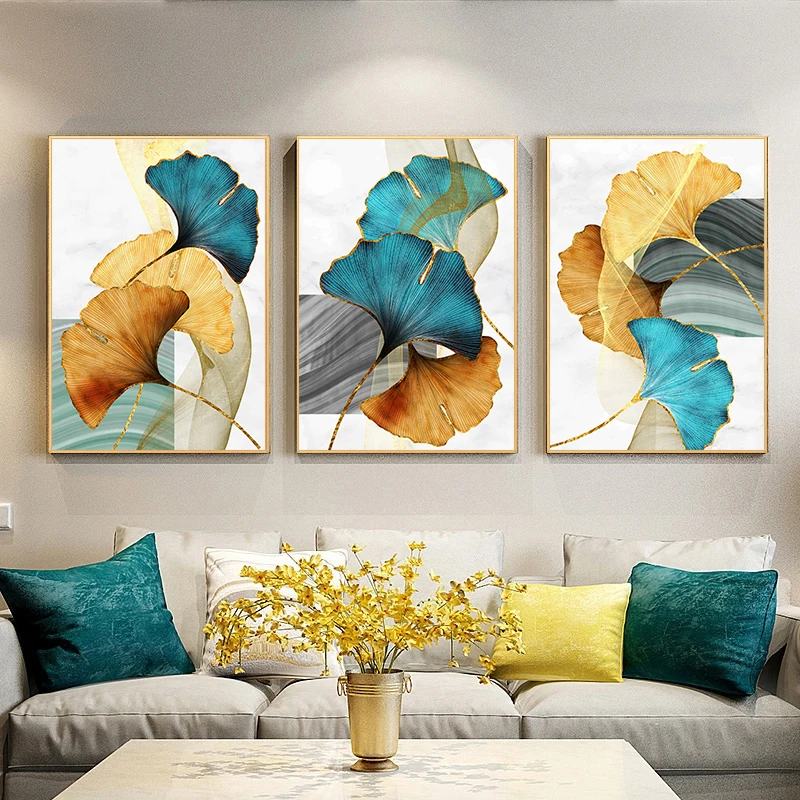 

Nordic Blue and Gold Plant Leaf Canvas Painting Living Room Wall Art Sofa Background Posters and Prints Modern Home Decoration