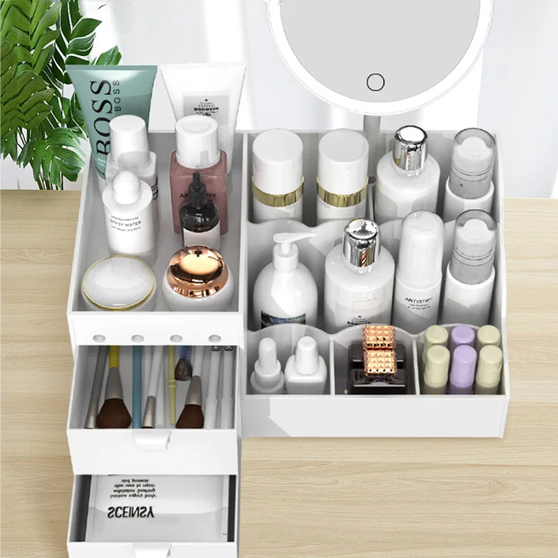 Прозрачный зеркальный органайзер для макияжа большой вместительный ящик