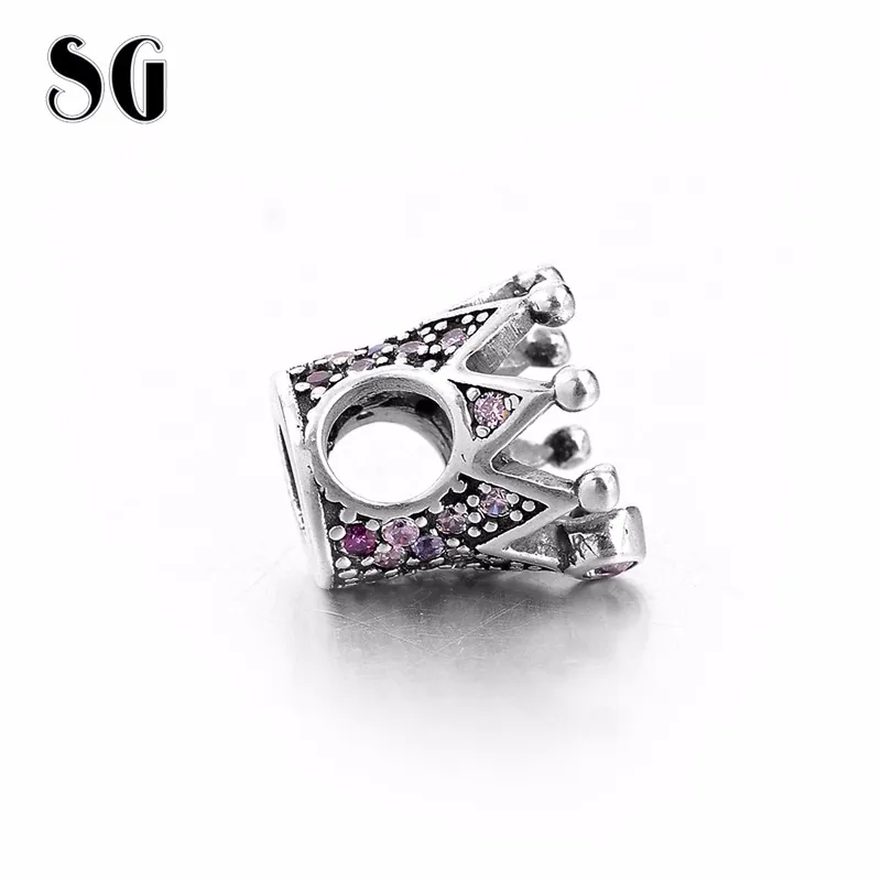 SG new classic princess crown charms with pink CZ sterling silver 925 fit original bracelet Europe Silver Jewelry making gifts | Украшения