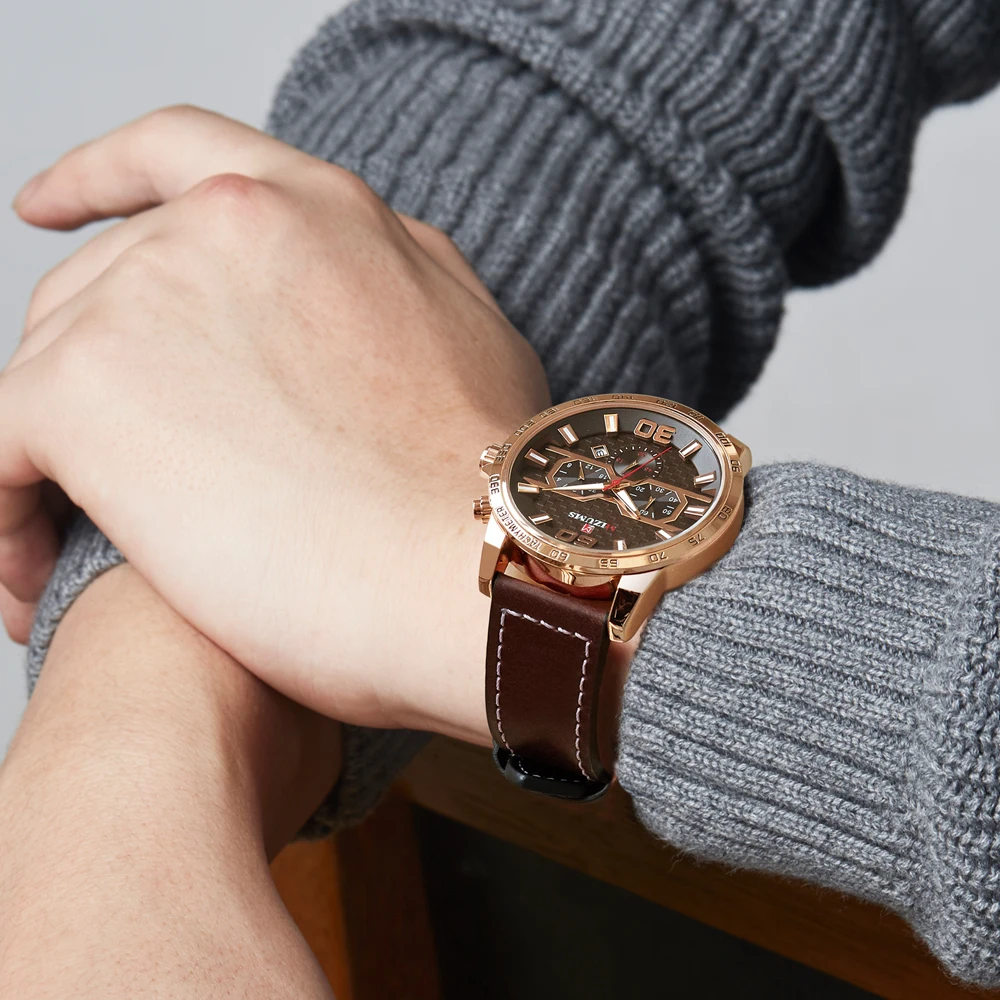 MIZUMS Роскошные Кварцевые часы для мужчин военные кожаные мужские с хронографом