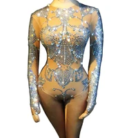 perspective sexy nude bodysuit rhinestones shiny bodycon for women stage wear lady nightclub bar show costumes performance suit