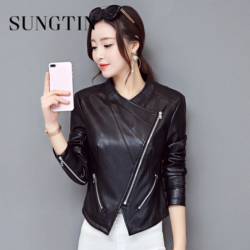 Sungtin женская укороченная куртка из искусственной кожи с длинным рукавом осенняя
