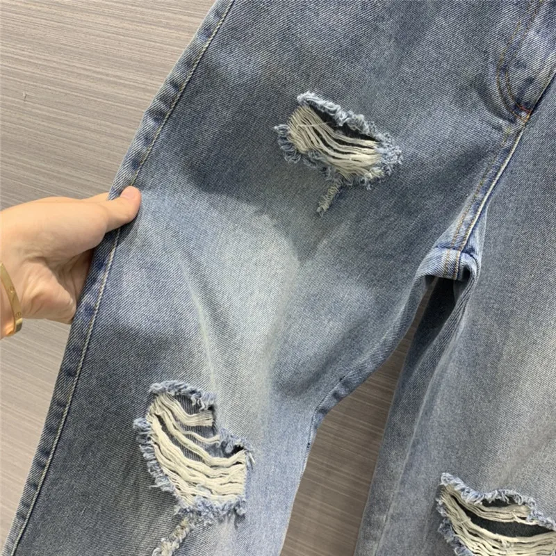 

European Fashion Jeans 2020 Summer Women New Casual Straight High Waist Hole Jeans Pants
