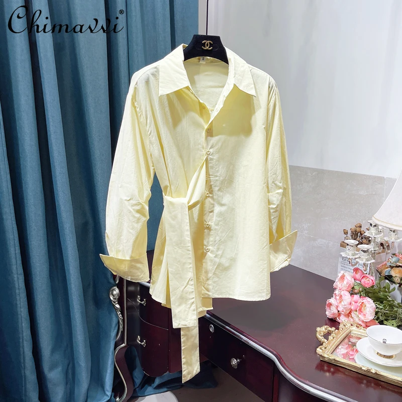 

Women's Autumn Korean Fashion Button Up Shirt Waist Belt Long Sleeve Casual Blue Shirt Camisas Blancas De Mujer Elegante