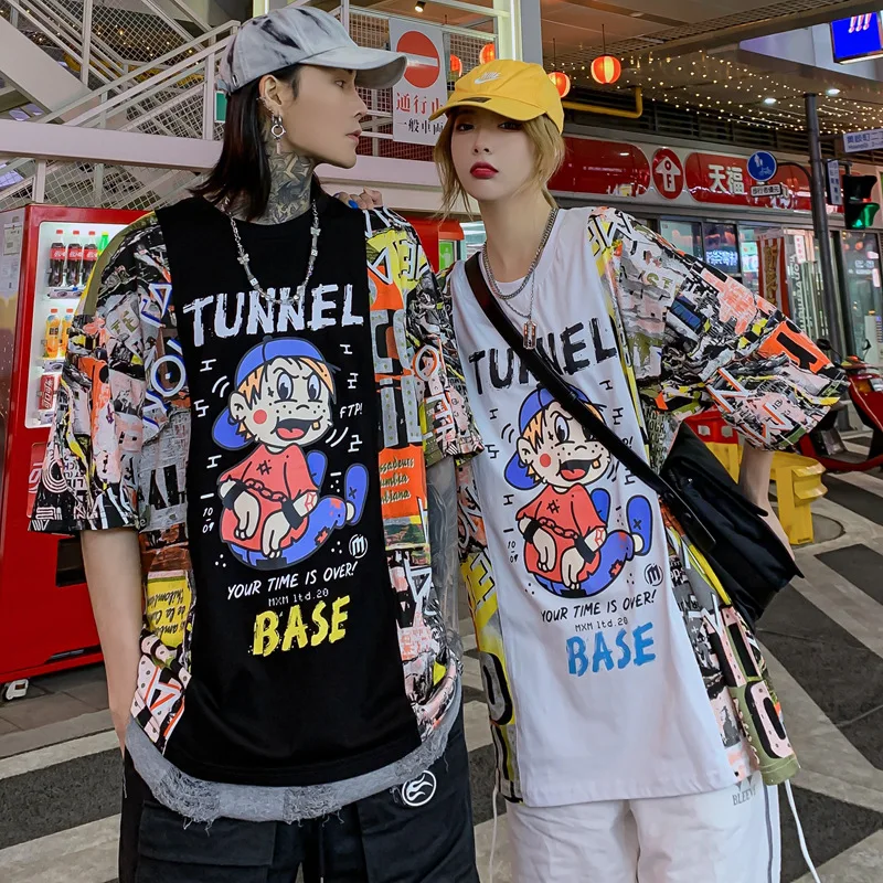 

GTDOM Couple 2021 New Summer Cotton Tees and Tops Hip Hop Casual Loose Stitched Cartoon Contrast Short Sleeves O-Neck T-shirts