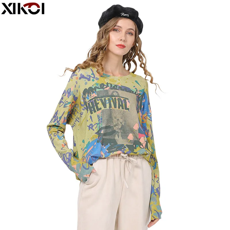 Осенне-зимний свободный свитер XIKOI с принтом Женский пуловер теплые свитера