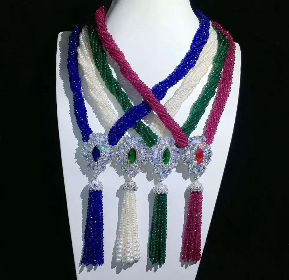 

Новый стиль, 8 нитей, красный, зеленый, синий камень, белый пресноводный жемчуг, кисточки, ожерелье с микроинкрустацией из циркония, аксессуа...
