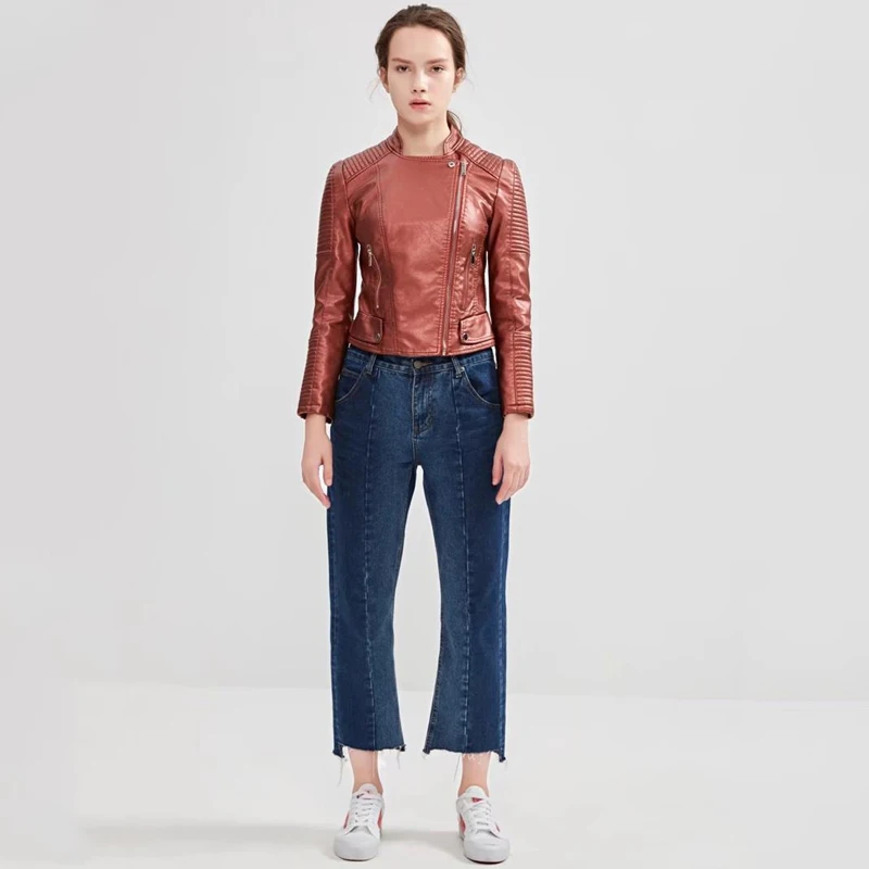 

TMODA287 New Autumn Winter Women Soft Faux Leather Jackets Coats Lady PU Motorcycle Red Zipper Coat Streetwear Biker Outerwear