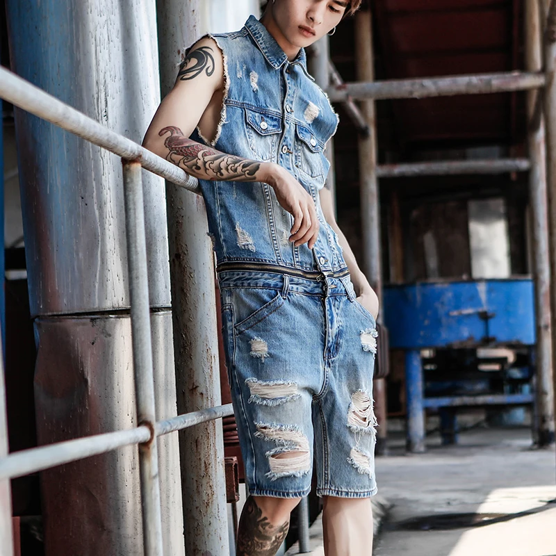 Summer tide brand denim jumpsuit men European and American fashion retro holeless sleeveless clothing | Мужская одежда