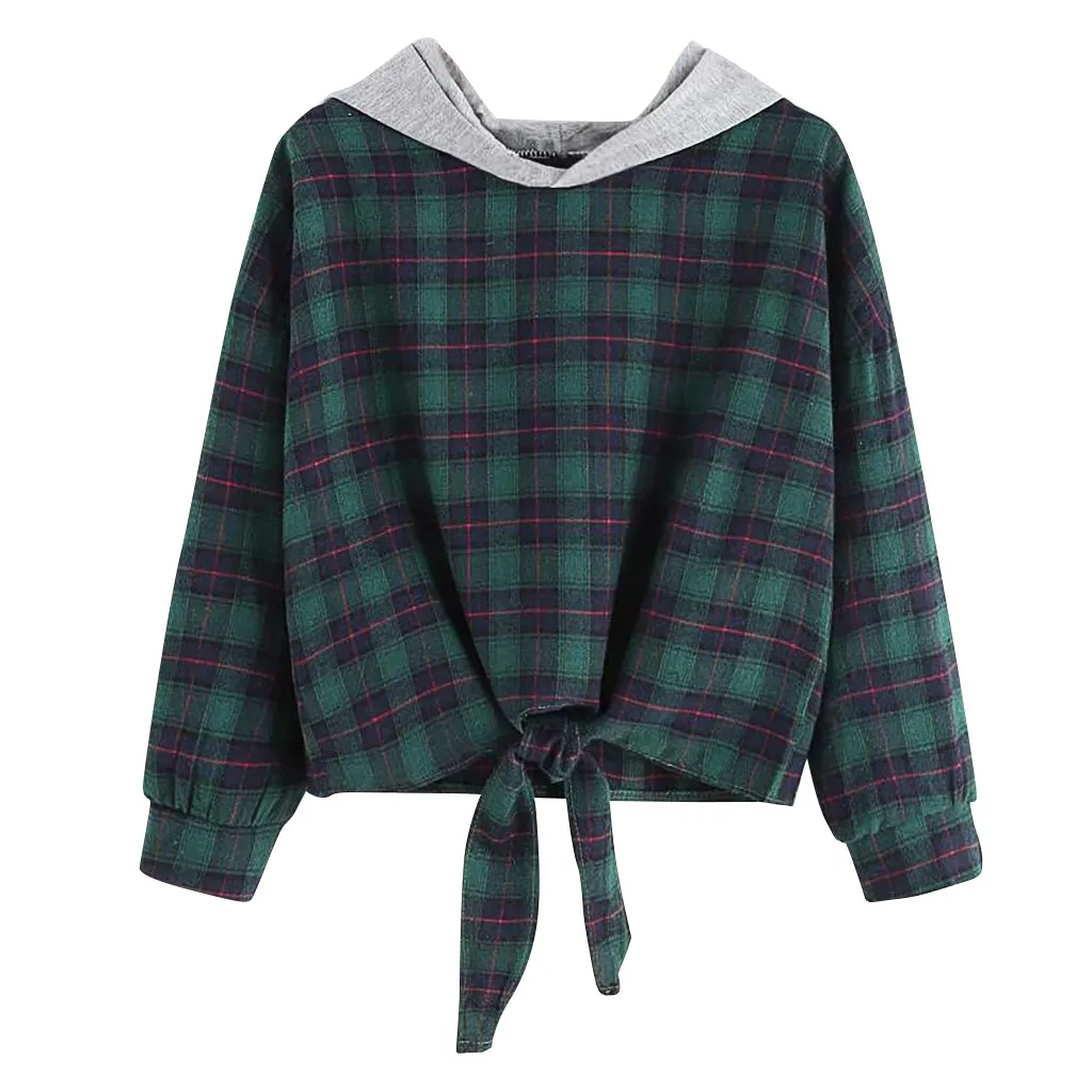 Fashion Women Casual Loose Long Sleeve Hoodie Plaid Printing Short Sweatshirt Tops Streetwear Women Oversized Hoodies Sudaderas