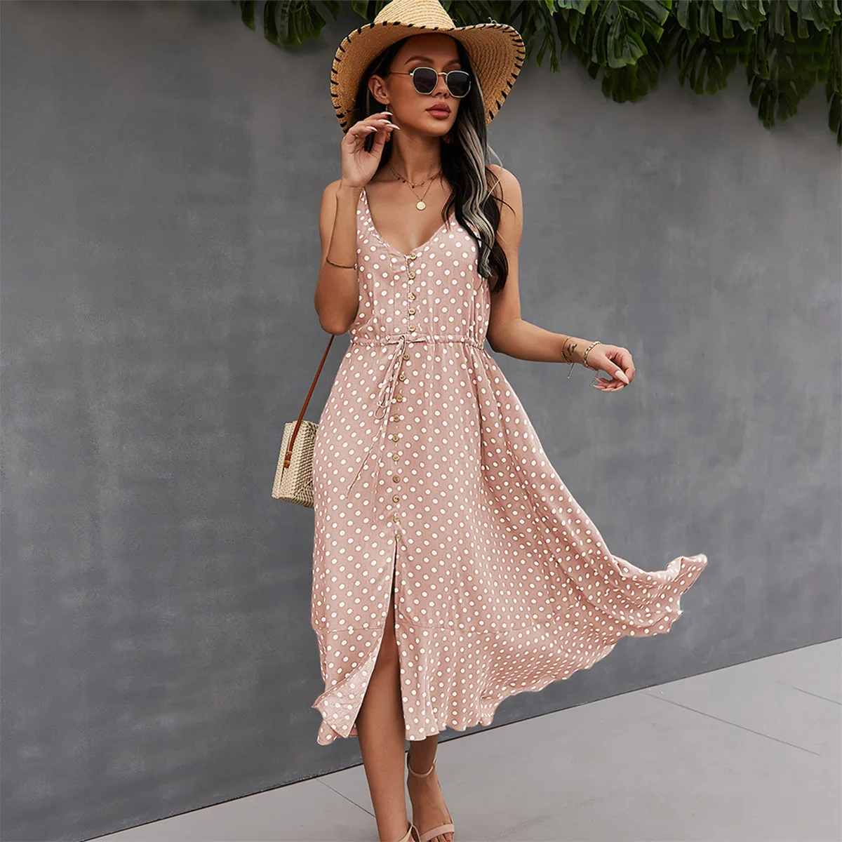 

Spaghetti Strap Bandage Split Long Dress Women Dot Print Sleeveless V-Neck Boho Party Dress Causal Bohemian Sexy Dresses