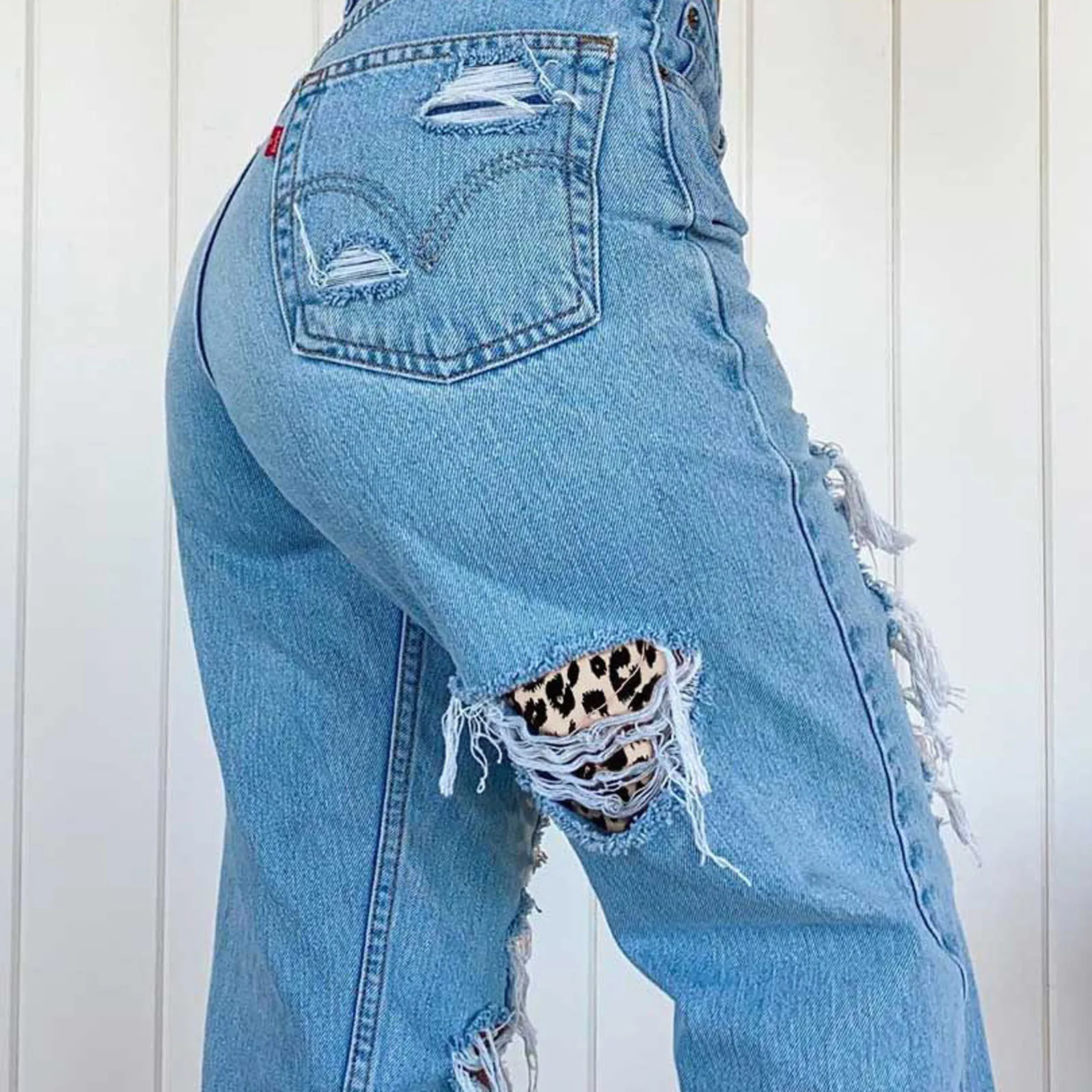 

Women's 2021 New Fashion Casual Light Blue Leopard Printing Patchwork Excoriation Pocket High-Waisted Slimming Pencil Long Jeans