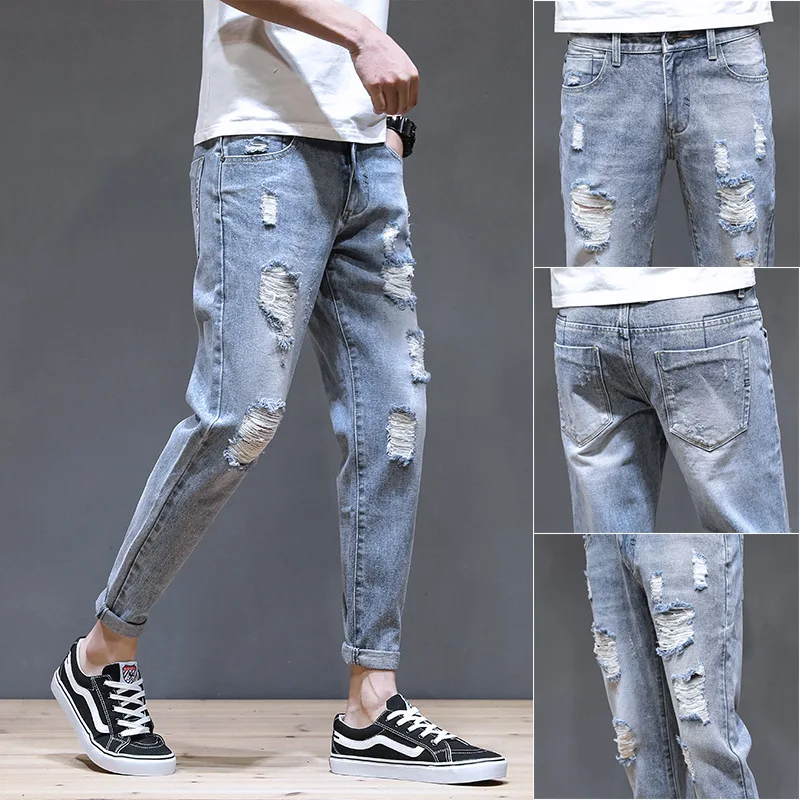 

teenagers Denim Jeans men's brand summer thin Korean small feet hole beggar casual all-match ankle length pants