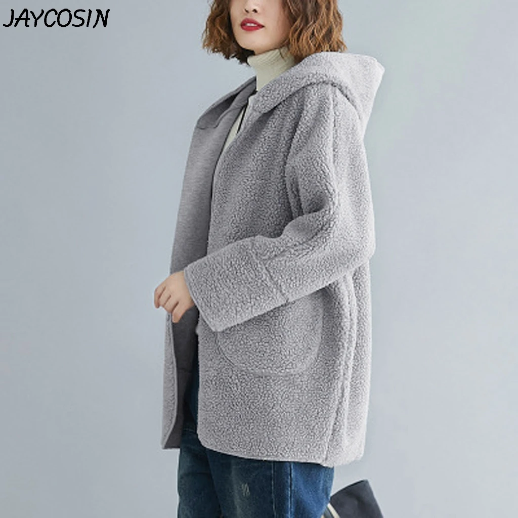 JAYCOSIN Женское пальто из плотного флиса с карманами куртка капюшоном верхняя