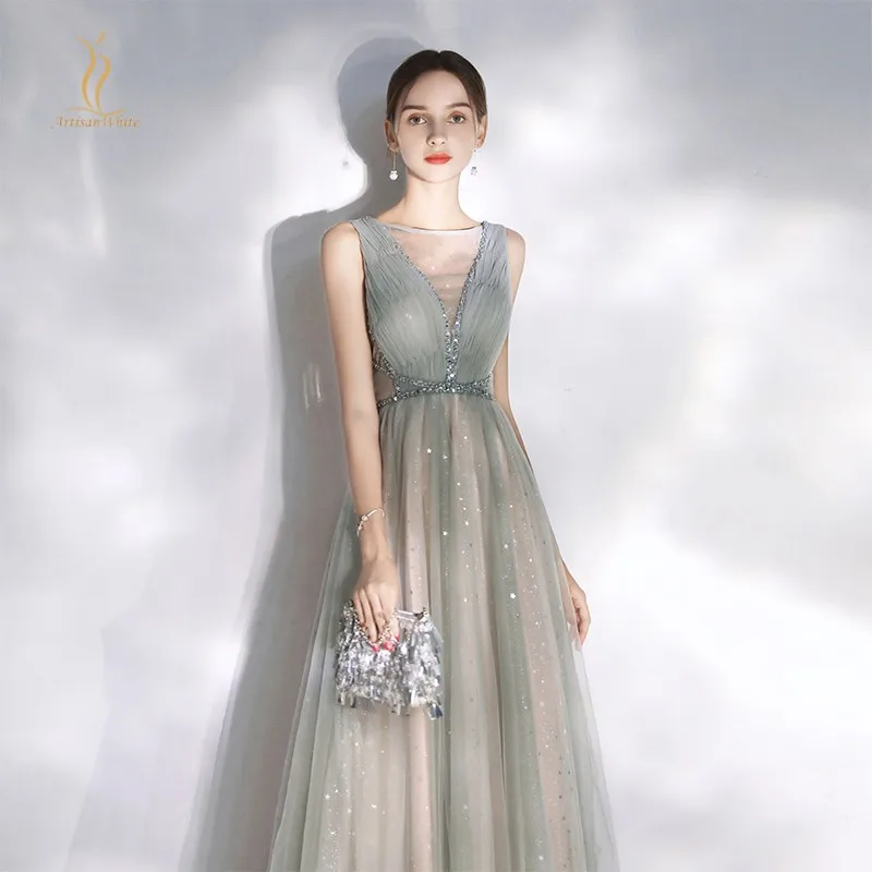 Элегантные вечерние платья серого цвета из тюля с ошеломляющим бисером Длинные