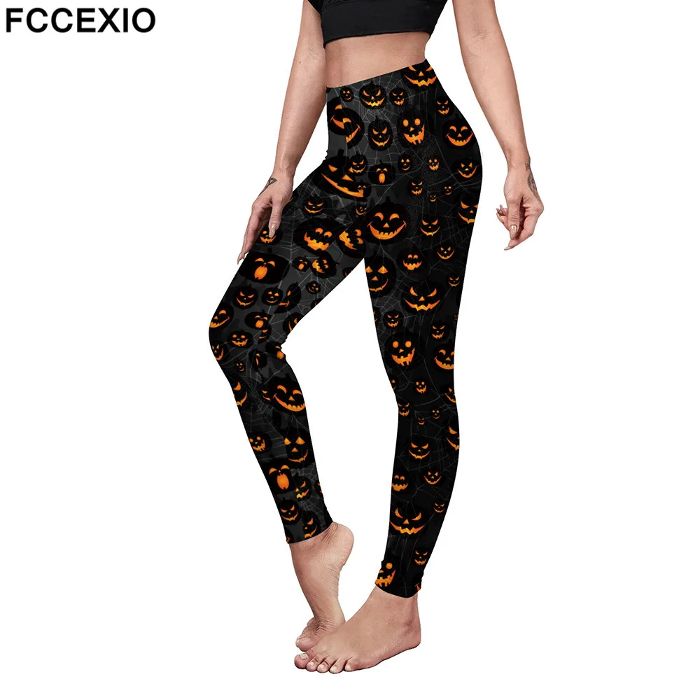 

FCCEXIO Women Sexy Tight Leggings New Terror Pumpkin Head Printed Halloween Trousers Elastic Hip-Lift Push Up Slim Leggings