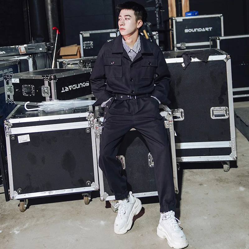 

2021 Men's Jumpsuit Long Sleeve Lapel Beam Feet Cotton Overalls Hip Hop Streetwear Loose Cargo Pants Blue Black Trousers