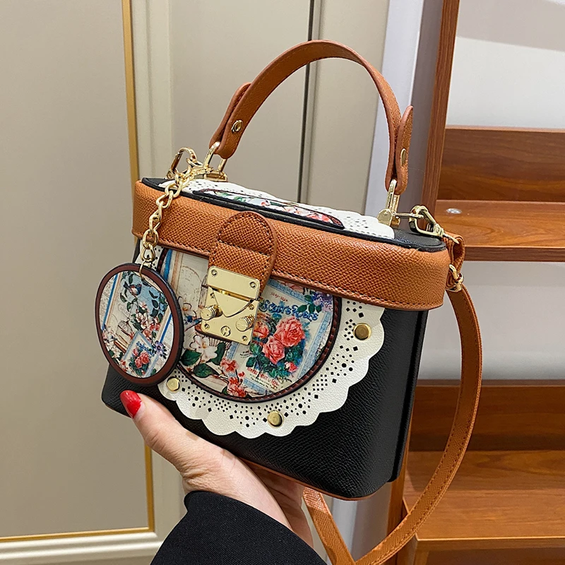 

Mini Box Tote Bag 2021 Fashion Landscape Printing Women's Designer Handbags Pu Leather Female Chain Shoulder Messenger Bag Purse