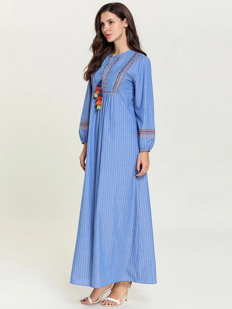 Abaya турецкий кафтан модное простое осеннее синее Полосатое вышитое повседневное