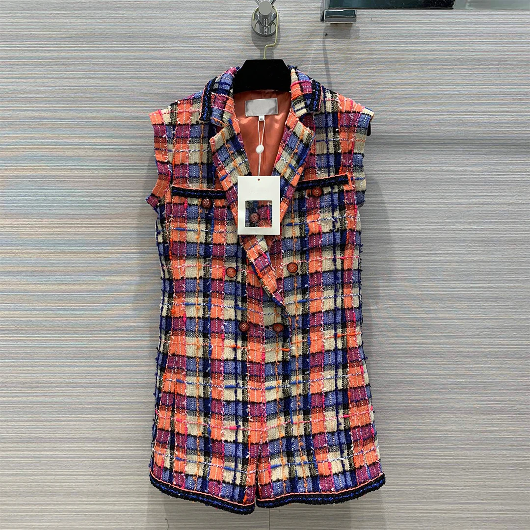 

Женский твидовый комбинезон с круглым вырезом, модельный дизайнерский яркий комбинезон в клетку с коротким рукавом, винтажный двубортный к...