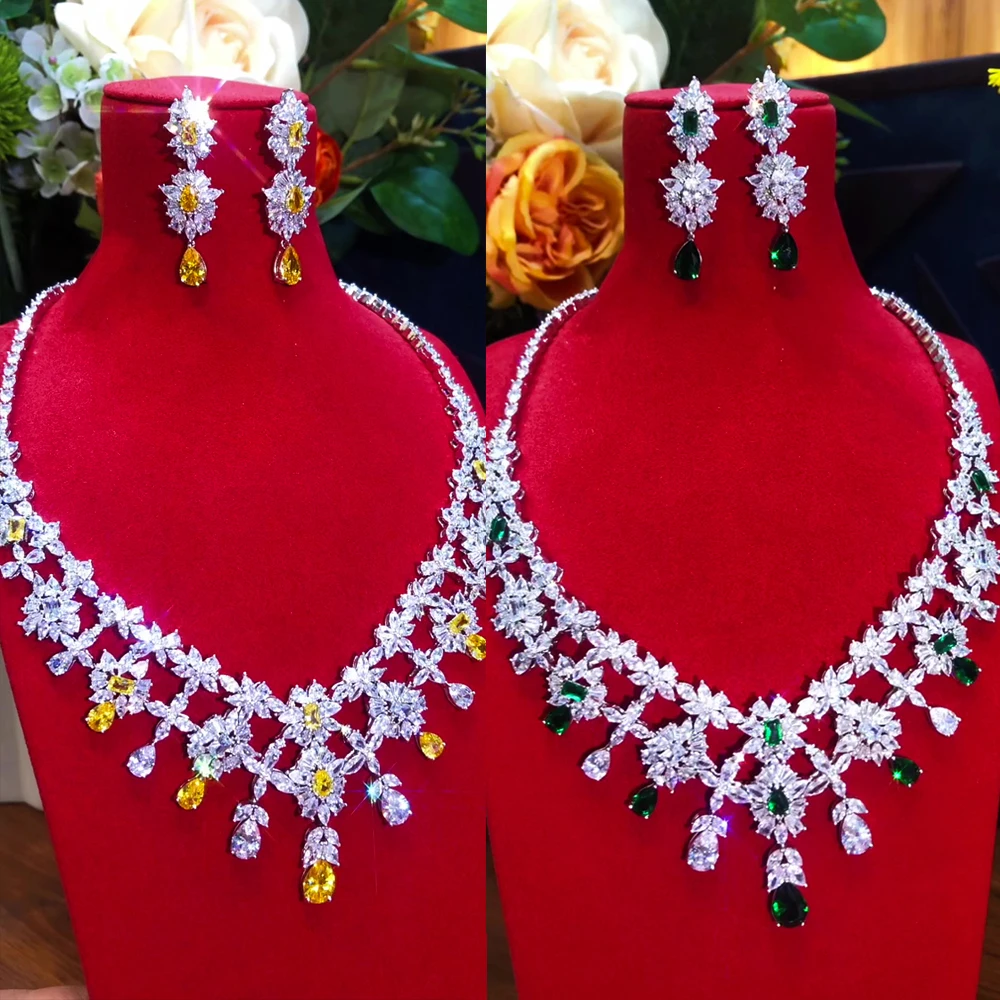 Missvikki известный бренд зеленый CZ роскошное ожерелье серьги комплект ювелирных изделий для женщин Свадебная вечеринка Циркон Кристалл Дубай ...