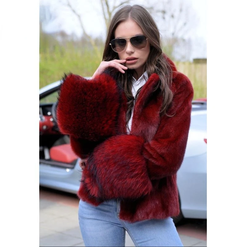 

Natural Whole Skin Genuine Mink Fur Coat Fashion Wine Red Overcoats Women Natural Mink Fur Jackets With Big Fox Fur Sleeve Cuffs