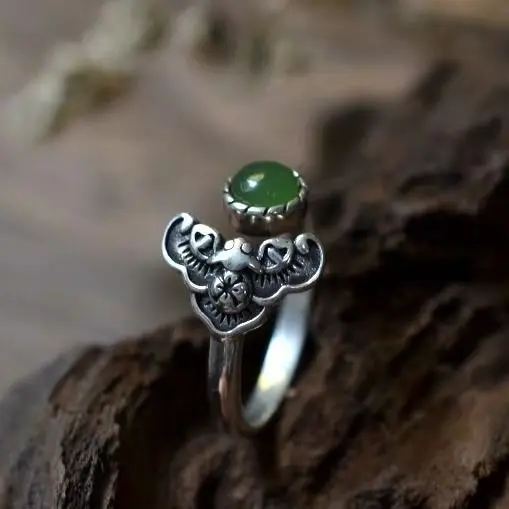 SNew silver inlaid Hetian jasper ethnic style retro original jewelry niche design neutral men and women opening adjustable ring | Украшения