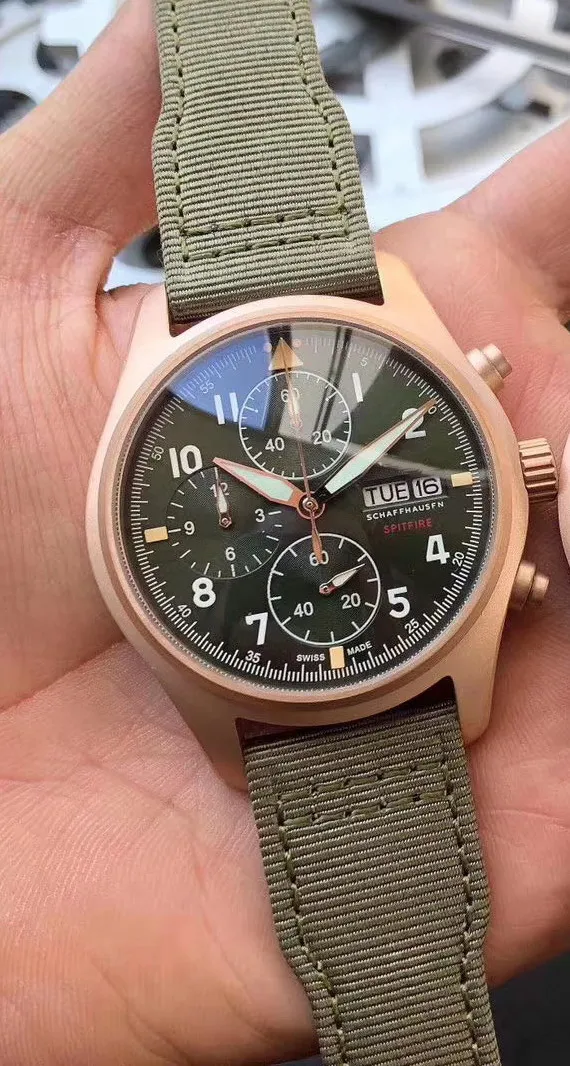 

Luxury Brand New Men Rose Gold Pilots Steel Sapphire Double Quartz Chronograph Canvas Green Leather Sapphire Watch Black Yellow