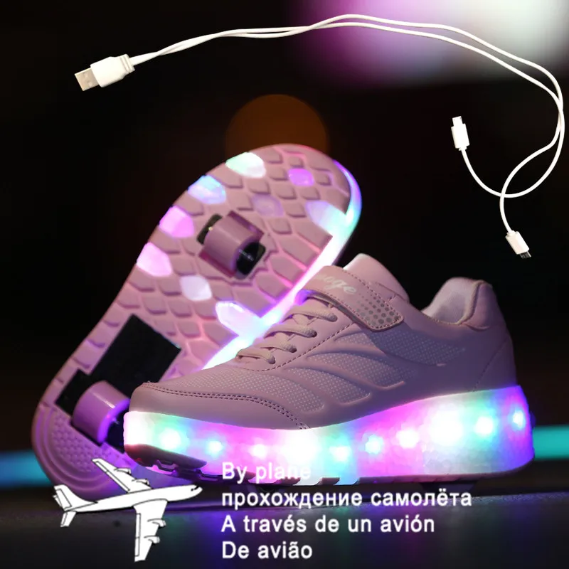 

Children Two Wheels Luminous Glowing Sneakers Black Pink Led Light Roller Skate Shoes Kids Led Shoes Boys Girls USB Charging