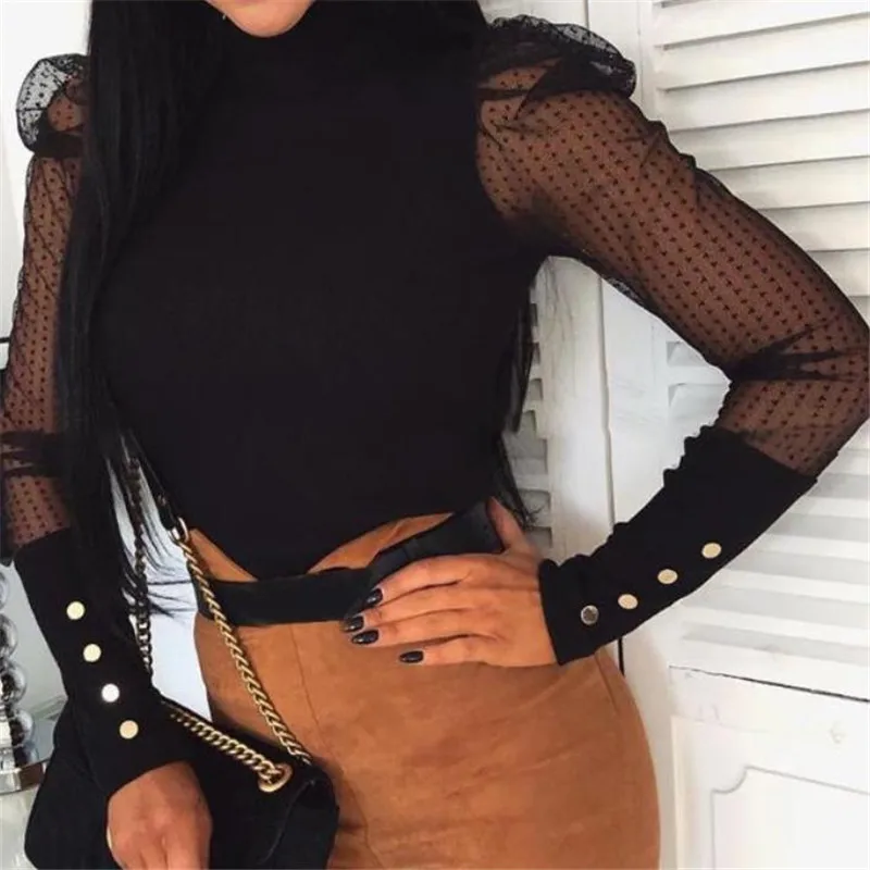 2020 Ladies Sweater Elegant Sheer Puff long Sleeve Polka Dot Office Turtleneck Streetwear Sweaters Two Colors | Женская одежда