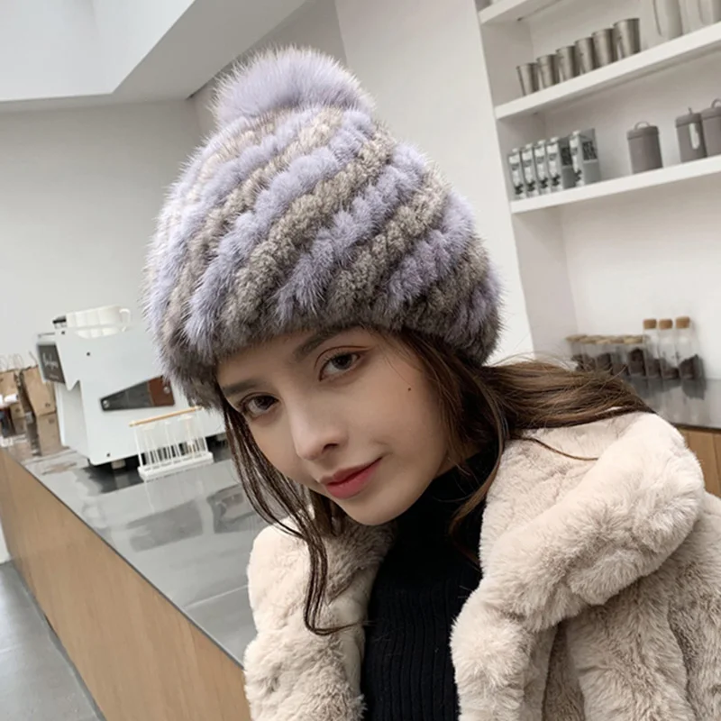 

Женские вязаные шапки из натурального меха, Женская Зимняя Теплая Шапка-бини из натурального Лисьего меха, S3856