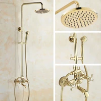 gold color brass wall mounted bathroom 8 inch round rainfall shower faucet set bath tub mixer tap hand shower mgf344