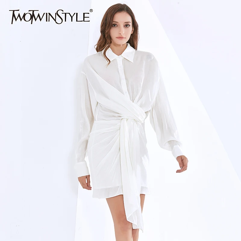 

TWOTWINSTYLE Elegant Dress For Women Lapel Long Sleeve High Waist Lace Up Ruched Mini Dresses Female Fashion New Clothing 2022