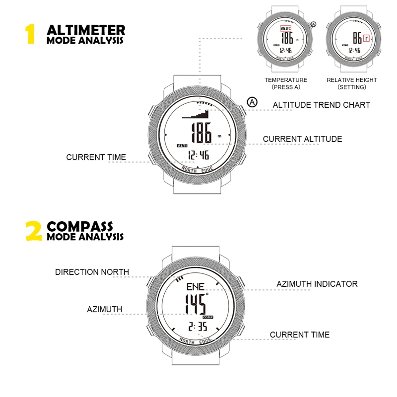 Мужские спортивные умные часы NORTH EDGE для бега плавания барометр компас Relogio Inteligente