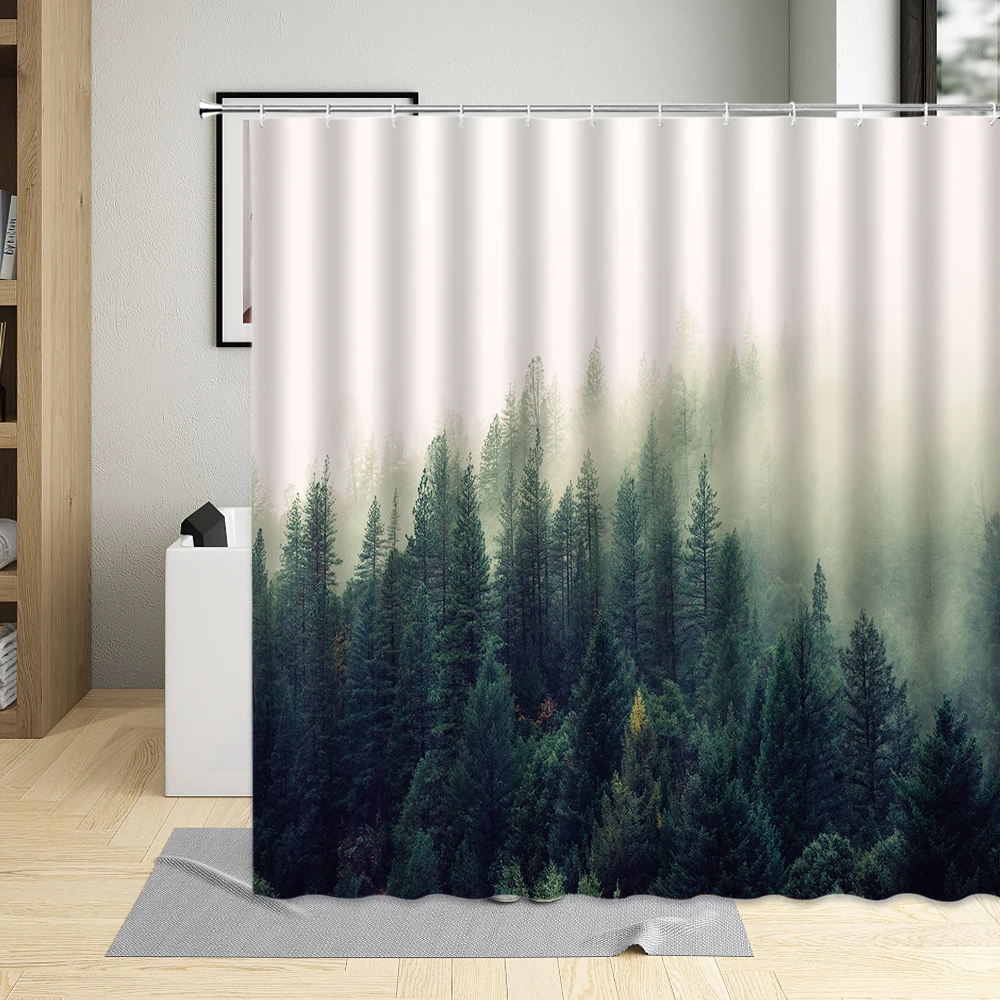 

Forest Fog Mountain Landscape Shower Curtain Waterproof Polyester Fabric Bathroom Curtains Art Decor Cloth Screens With Hooks