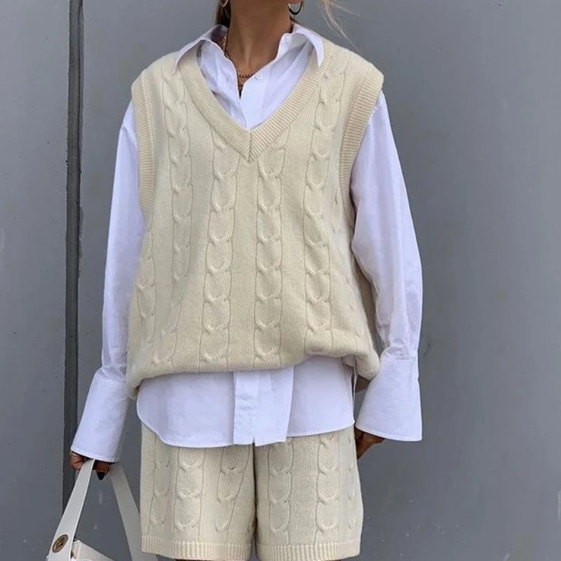

Fall vintage sweater sets casual 2 piece set women sleeveless sweater vest twist Pullover korean high waisted shorts sets blue