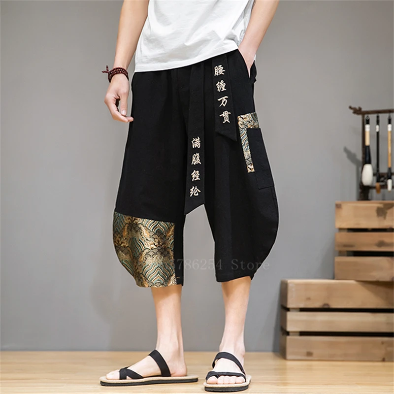 Брюки мужские хлопково льняные с вышивкой модные широкие штаны в японском стиле