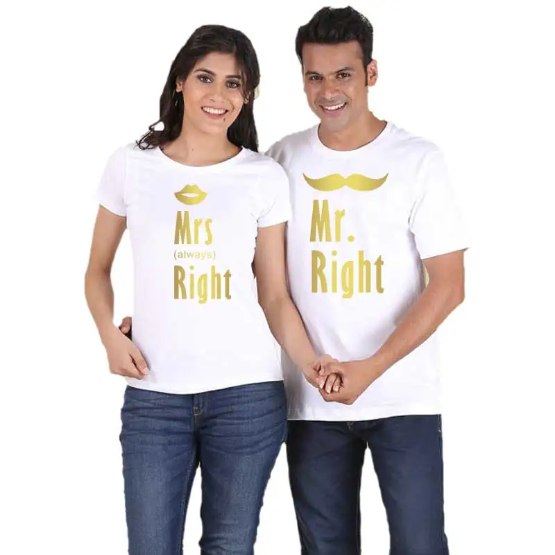 Mr. Mrs. Right парные одинаковые футболки для влюбленных мужей жены летние с надписью