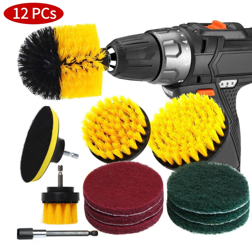 

12pcs Electric Drill Brush Attachment Set Scouring Pads Power Scrubber Brush Floor, Tub Scrub Pads Cleaning Kit