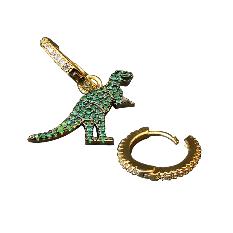 

S925 Sterling Silver Fun Luxury Monaco Jewelry Asymmetric Mint Green Small Dinosaur Earrings Animal Ribbon Personality Necklace