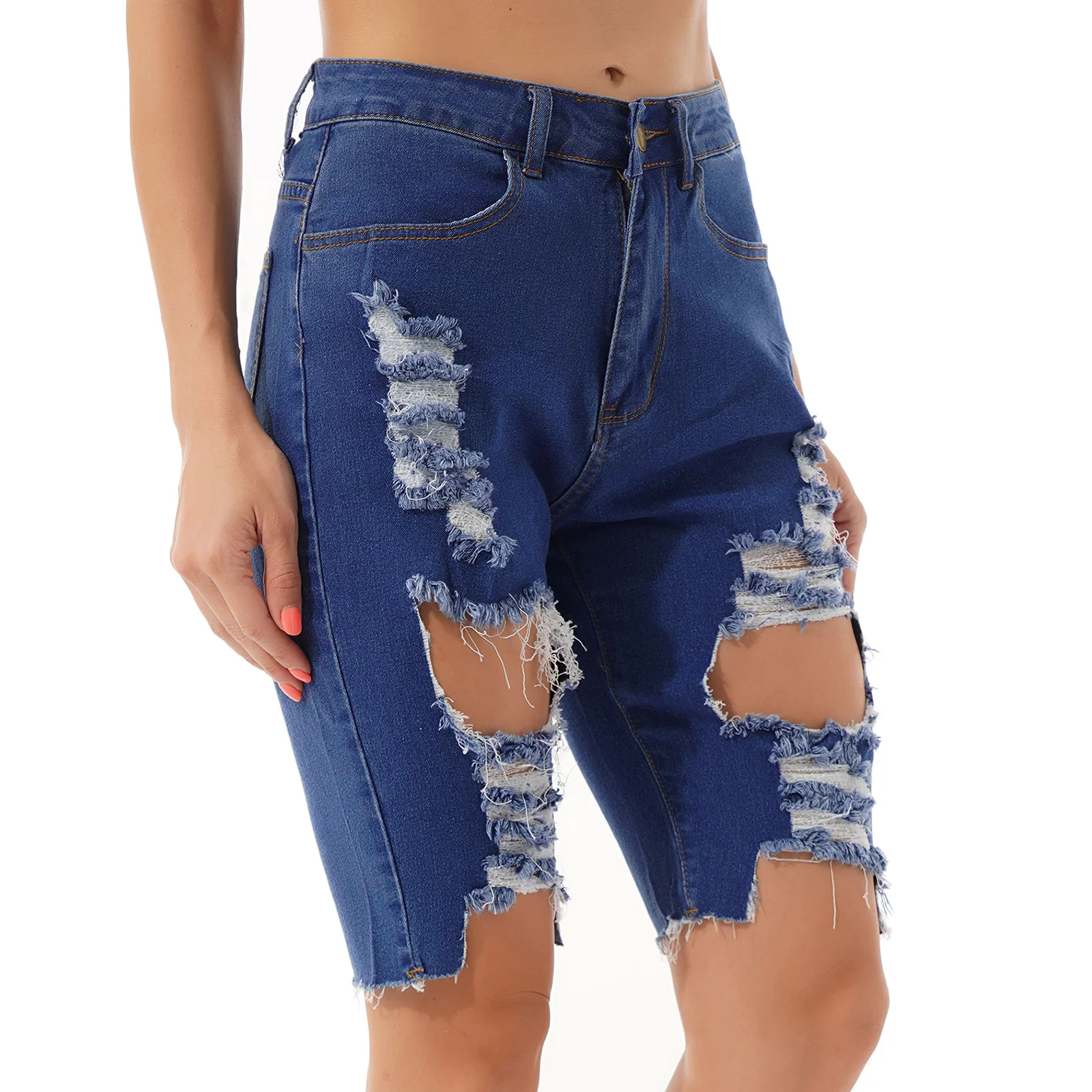 

Женские рваные джинсовые шорты с дырками, женские потертые брюки до колена с высокой талией и необработанным подолом, короткие джинсы в сти...