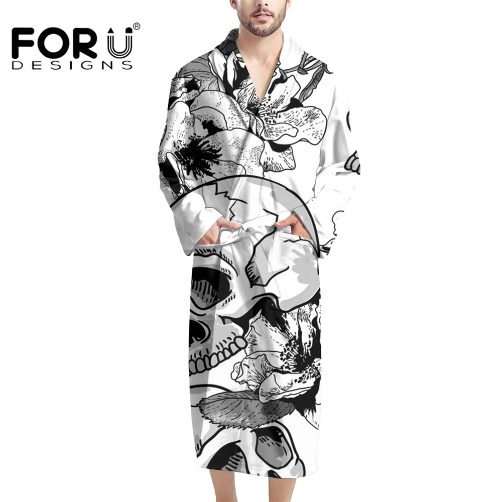 

FORUDESIGNS/Забавный банный халат с рисунком черепа Yukata для мужчин, легкая мягкая трикотажная одежда для сна, повседневная мужская домашняя одеж...