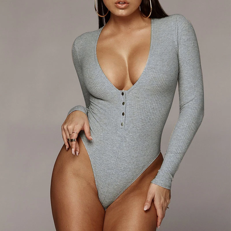 

Женское трикотажное боди с V-образным вырезом и длинным рукавом