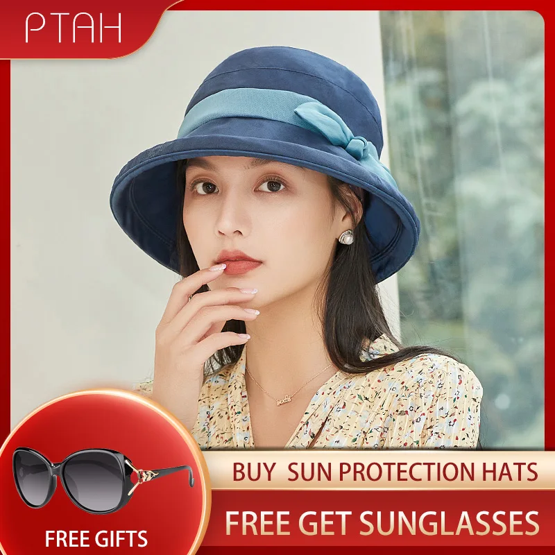 

[PTAH] New Fashion 100% Mulberry Silk Hats Summer Sun Protection Breathable Cap Women's UPF50+ Anti-UV Hat Female Not Polyester
