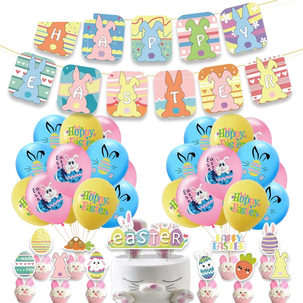 

1set Easter Party Decoration Supplies Rabbit Latex Balloons Happy Easter Bunting Banner Cake Toppers for Home Decorations