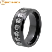 8mm tungsten carbide rings for men women beveled edges black carbon fiber skull inlay polished finished comfort fit