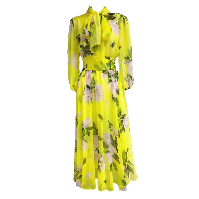 

AELESEEN Runway Fashion Chiffon Dress Spring Autumn Beach Long Sleeve Bow Yellow Flower Print Elegant Christmas New Year Dress