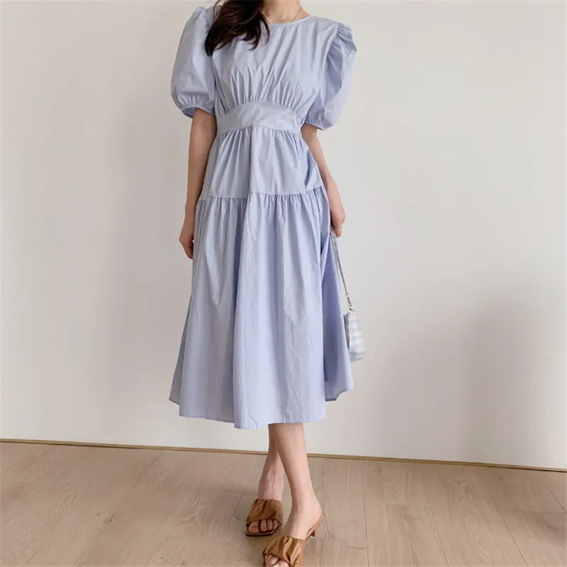 

Summer Women Casual Puff Sleeve Empire Solid O-Neck Pullover Dress Girls